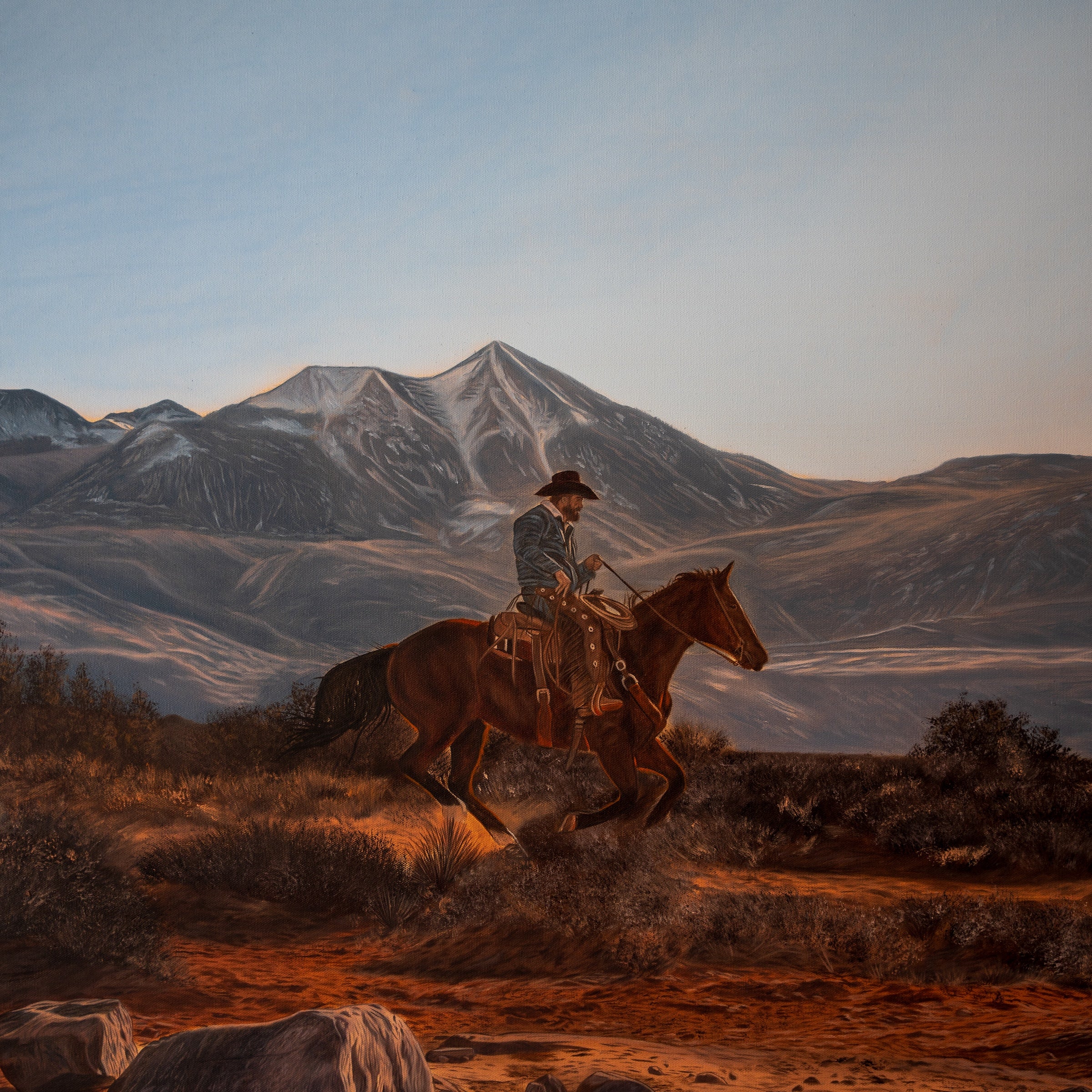 Person riding a horse in a desert landscape with mountains in the background