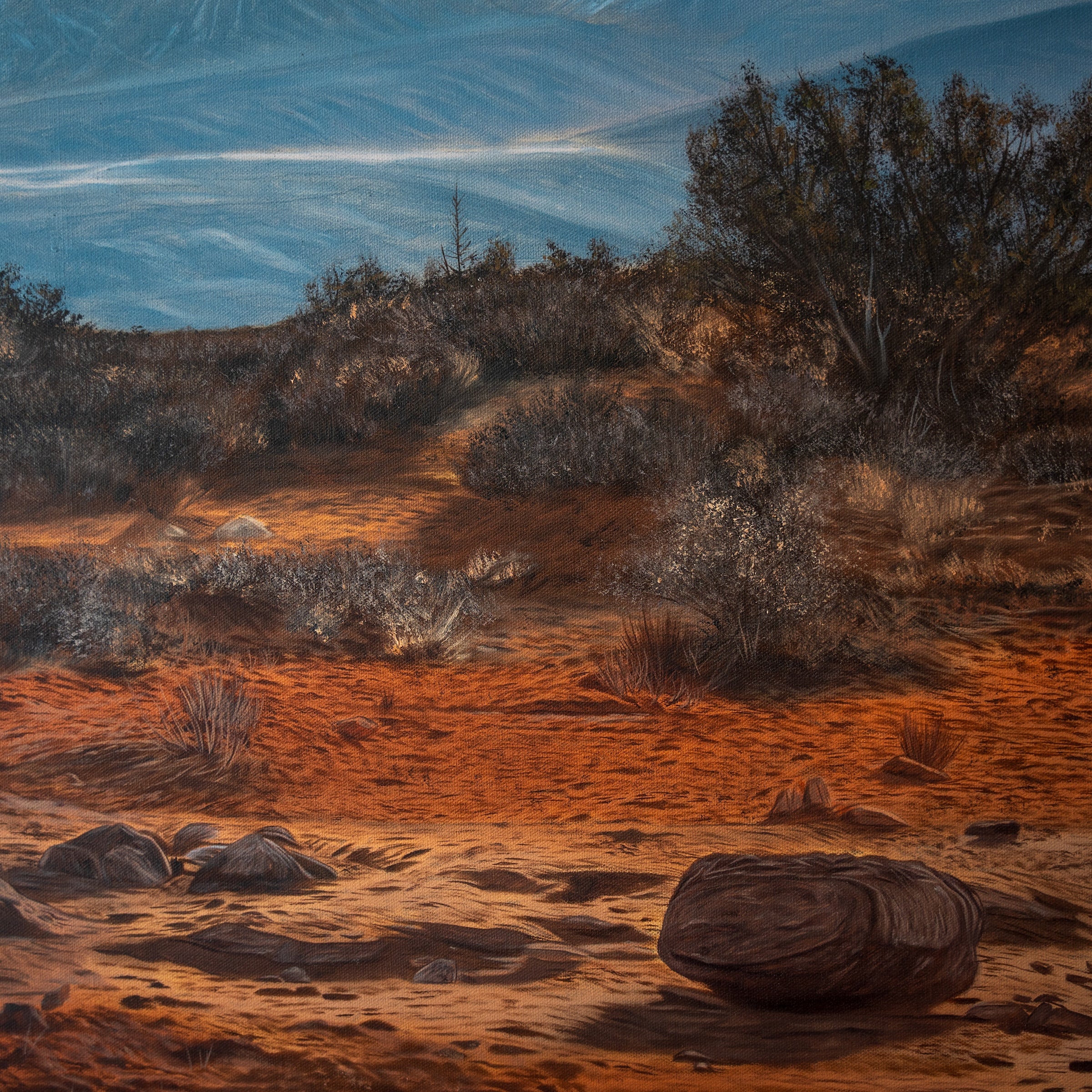 Desert landscape with sand, rocks, and sparse vegetation under a blue sky.