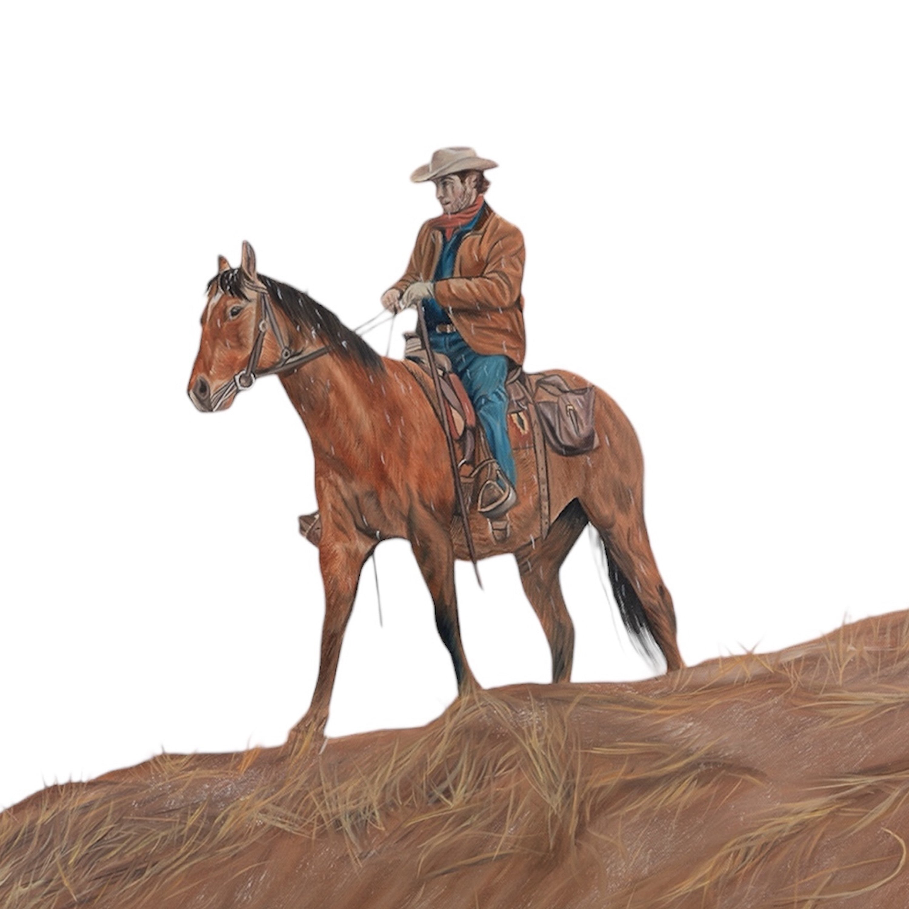 Model of a cowboy riding a horse on a white background
