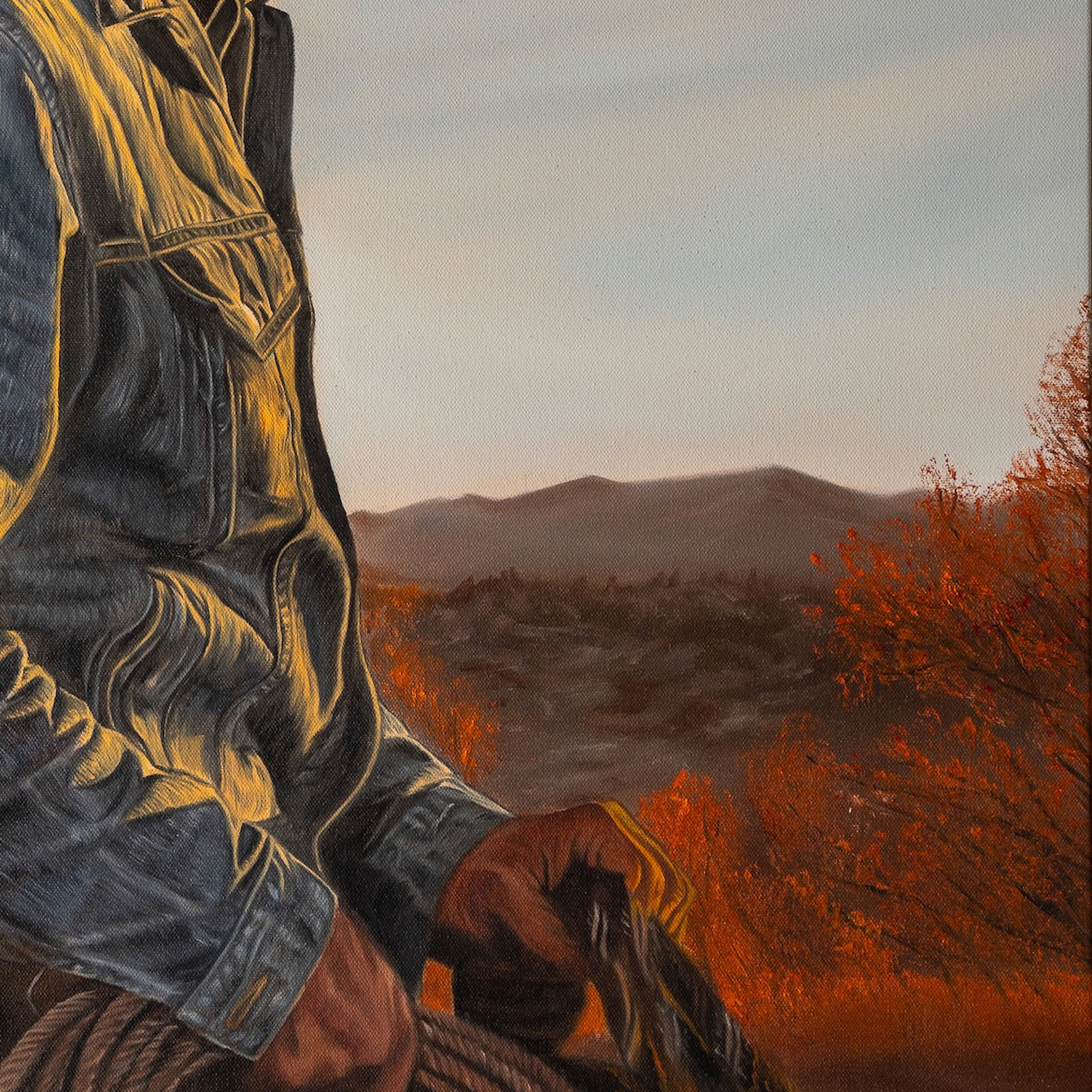 Person wearing overalls holding a rope with a scenic landscape in the background